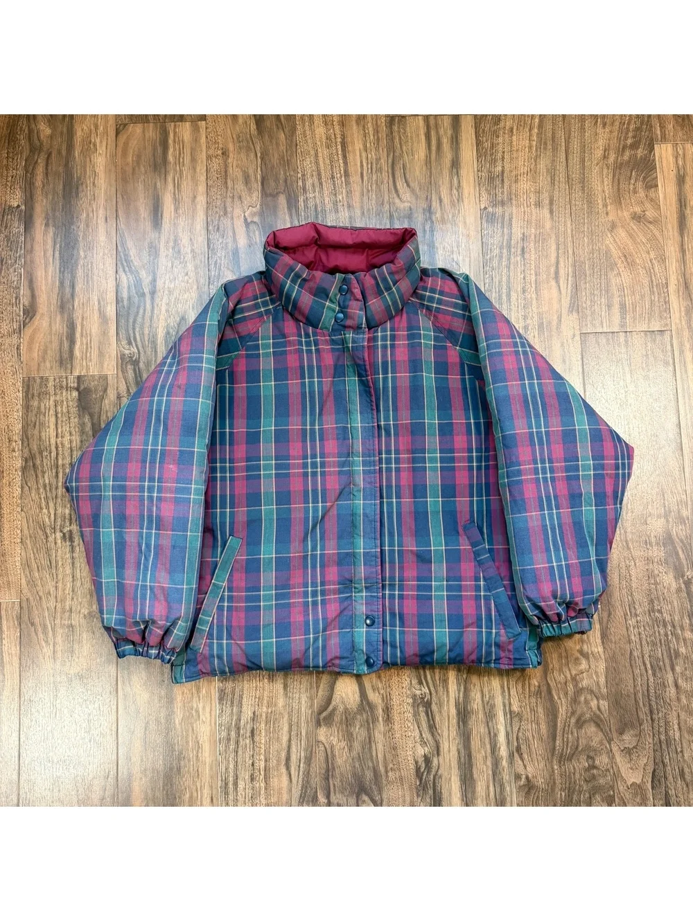 Vintage 90s Eddie Bauer Reversible Down Puffer Jacket M Plaid Burgundy Outdoor